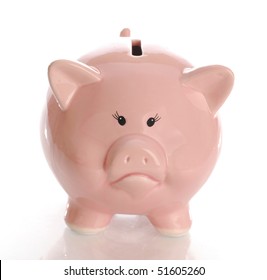 Sad Or Frowning Piggy Bank Money Box With Reflection On White Background