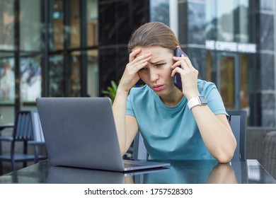 Sad Frustrated Girl, Upset Woman Talking On Cell Mobile Phone, Looking At Laptop Computer. Calling To Consultant Or Assistant, Technical Support, Service For Help. Problems With Software, Technology