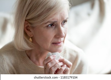 Sad Frustrated Mature Old Woman In Tears Feeling Blue Thinking Of Loneliness Sorrow Grief, Upset Thoughtful Middle Aged Woman Crying Worried About Problems, Depressed Senior Widow Mourning Grieving