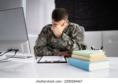 Sad Frustrated Military Veteran Student Doing Test In College