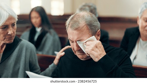 Sad, funeral and senior man crying in church for God, holy spirit or religion in Christian community cathedral. Tissue, grief or support for upset elderly person in chapel for emotional pain and loss