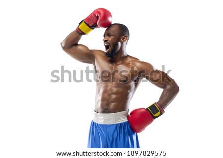 Sad. Funny, bright emotions of professional african-american boxer isolated on white studio background. Excitement in game, human emotions, facial expression and passion with sport concept.