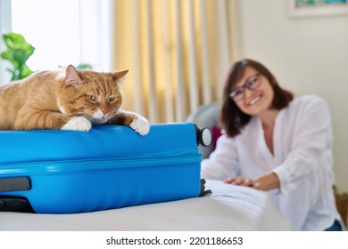 Sad Ginger Cat Lying On Suitcase Of Owner Middle-aged Woman