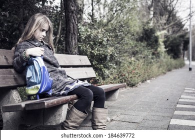 Sad Girl After School, Sitting On Bench