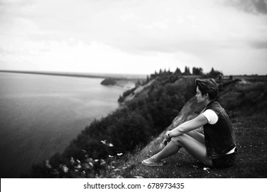 sad girl alone sits on beach stock photo edit now 658801369