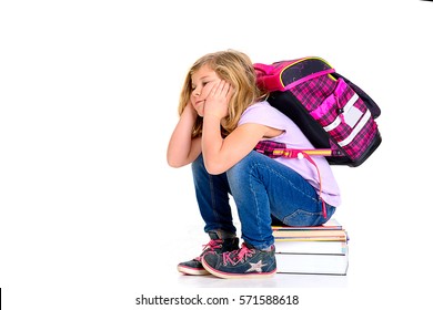 Sad Girl With Schoolbag On First Day At School