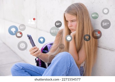 Sad girl viewing negative reactions and comments on social media, concept of children online bullying.