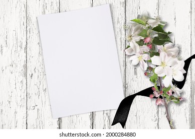 Sad Grief Card Mockup, Funeral Program Template, Flowers With Black Ribbon.