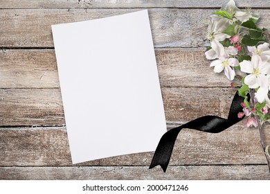 Sad Grief Card Mockup, Funeral Program Template, Flowers With Black Ribbon.