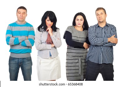 Sad Group Of People With Problems Standing In A Row  And Thinking Isolated On White Background