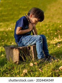 Sad Hispanic Boy Sitting Alone On A Tree Trunk Looking Down And Holding A Branch Of A Tree In The Forest In Autumn. Bullying. Vertical