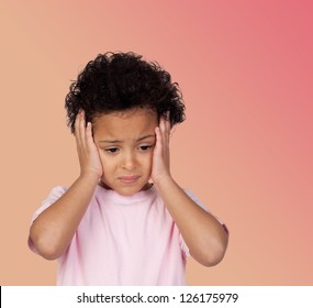 Sad Latin Child With Headache Isolated On White Background