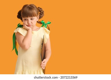 Sad Little Actress On Color Background