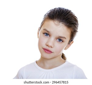 Sad Little Girl, Isolated On White Background