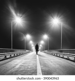 Sad Lonely Woman Walking Empty Freeway At Night