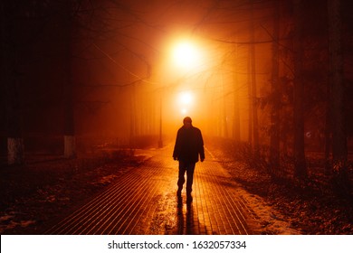 Sad Man Alone Walking Along The Alley In Night Foggy Park. Back View