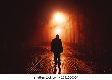 Sad Man Alone Walking Along The Alley In Night Foggy Park. Back View