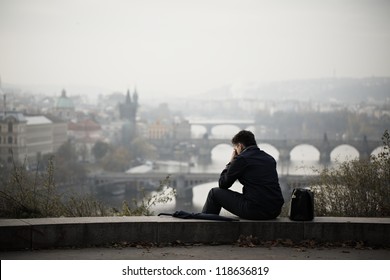 Sad Man In Autumn Park, Prague