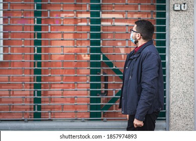 Sad Man Business Owner In Front Of Closed Shop Due To Coronavirs Covid-19 Restriction