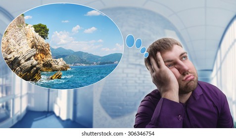 Sad Man Dreaming About Vacation