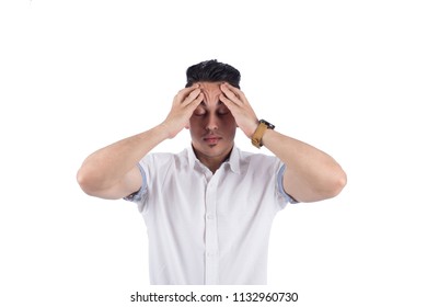 Sad man putting his hand over his forehead, showing tiredness sign, isolated on a white background.