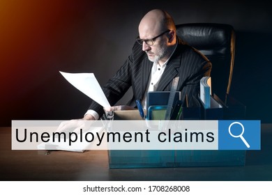 Sad Man And The Search String About Unemployment Claims. Loss Of Jobs. Dismissal From Work. Bankruptcy Of Enterprises. The Lack Of Vacancies. Mass Unemployment. Crisis.