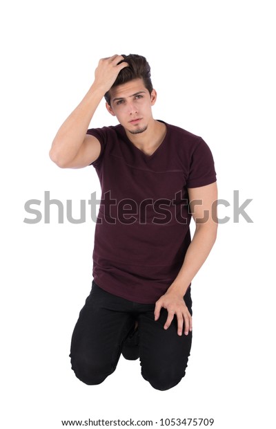 Sad Man Sitting On Knees Putting Stock Photo 1053475709 | Shutterstock