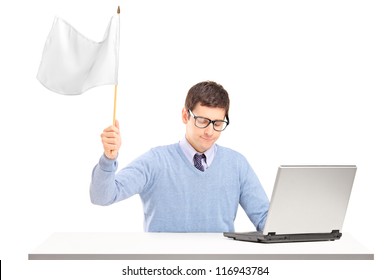 Sad Man Waving A White Flag Gesturing Defeat Isolated On White Background