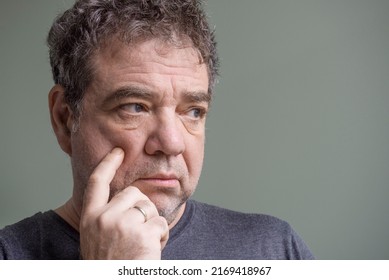 Sad Melancholy Adult Unshaven Man, Hand Near Face