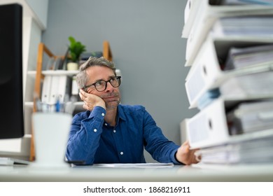 Sad Men With Office Paper Stack Workload And Pressure