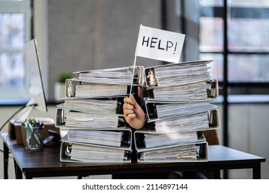 Sad Men In Office With Tax Workload And Paper Files Holding Help Flag