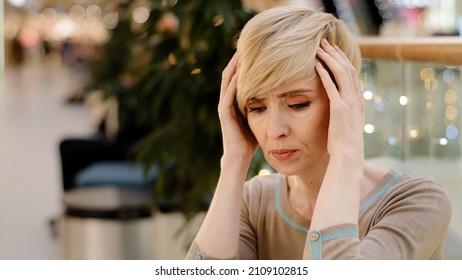 Sad Middle Aged Caucasian Woman 40s Lady Feel Depressed Problems. Upset Mature Single Female Difficult Thinking Headache Migraine Divorce Solitude Trouble. 50 Year Old Wife Suffer From Mental Disorder