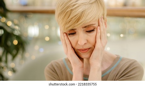 Sad Middle Aged Caucasian Woman 40s Lady Feel Depressed Problems. Upset Mature Single Female Difficult Thinking Headache Migraine Divorce Solitude Trouble. 50 Year Old Wife Suffer From Mental Disorder