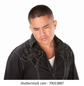 Sad Middle-aged Native American Man On White Background Looks Down