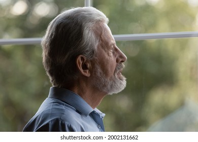 Sad Pensive Older Senior 70s Man Lost In Thoughts Looking Out Window, Suffering From Memory Loss, Dementia, Alzheimer Disease, Feeling Loneliness. Old Age Problems, Elderly Healthcare Concept