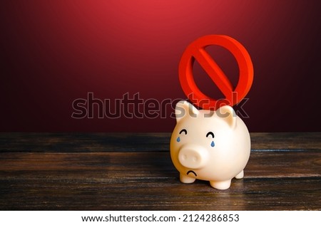 A sad piggy bank bears a prohibitory NO sign on its back. Confiscation of savings and bank deposits. Freeze and restrictions. Sanctions, financial embargo. Suspicious transactions. Capital tax.