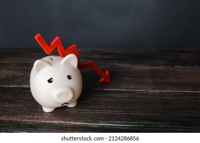 Sad piggy bank and down arrow. Savings and reserves decrease. Inflation, depreciation of assets. Falling income, lower wages. Falling GDP. Economic recession, crisis. Capital flight, worsening economy - Shutterstock ID 2124286856