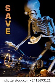 A sad and scared human skeleton is holding a penny coin to pay for electricity. There is an inscription in the photo - Save.