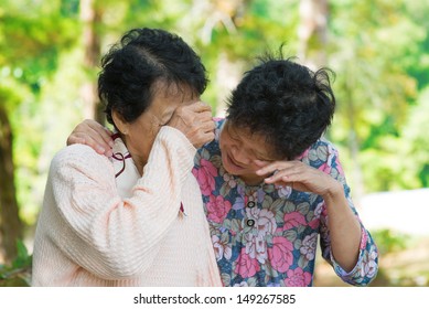 Sad Senior Asian Women  In Grieving The Loss Of A Loved One. Outdoor Park.