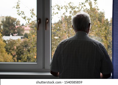 Sad Senior Man Stand Alone Stay At Home Inside Closeup Depressed Coronavirus Isolation