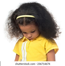 Sad Or Shy African American Small Girl Looking Down Isolated On White