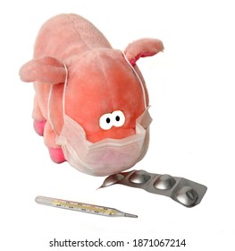 Sad Sick Piglet. Toy With Medical Mask, Mercury Thermometer And Medicine