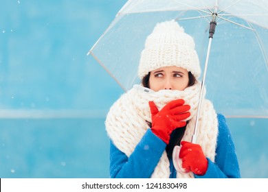 Sad Sick Winter Woman Holding Transparent Umbrella. Girl Fighting Illness Feeling Cold And Under The Weather
