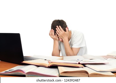 Sad Student on the School Desk hide his Face. Isolated on the White