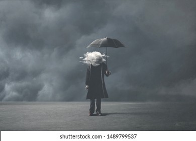 Sad Surreal Man With Cloud On His Head