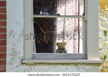 SAD TEDDY BEAR AWAITING IN A WINDOW AWAITING HIS OWNERS RETURN - looking out  an old worn window of a run down house contemplating, searching, lonely, desparate, missing his special childhood friend