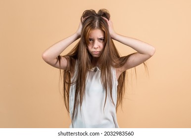 Sad Teen Girl Touch Hair. Upset Child Having Headache. Migraine. Unhappy Kid Feeling Stressed And Overworked. Going Crazy. Hairdresser Concept. Healthy And Strong Hair. Transitional Litigious Age