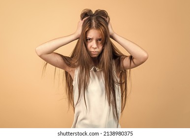 Sad Teen Girl Touch Hair. Upset Child Having Headache. Migraine. Unhappy Kid Feeling Stressed And Overworked. Going Crazy. Hairdresser Concept. Healthy And Strong Hair. Transitional Litigious Age