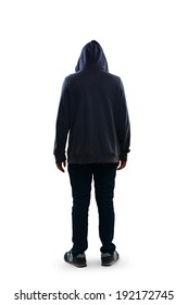 Sad Teenage Boy Standing Rear View, Isolated Over White