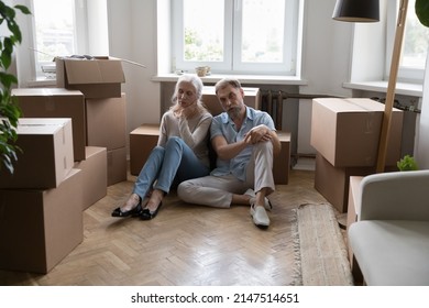 Sad Tired Elderly Couple Sit On Floor Near Boxes With Packed Stuff Feel Exhausted Due To Long Relocation. Hard Difficult Moving Day, Bank Debt, Owner Eviction, Financial Problem, Foreclosure Concept